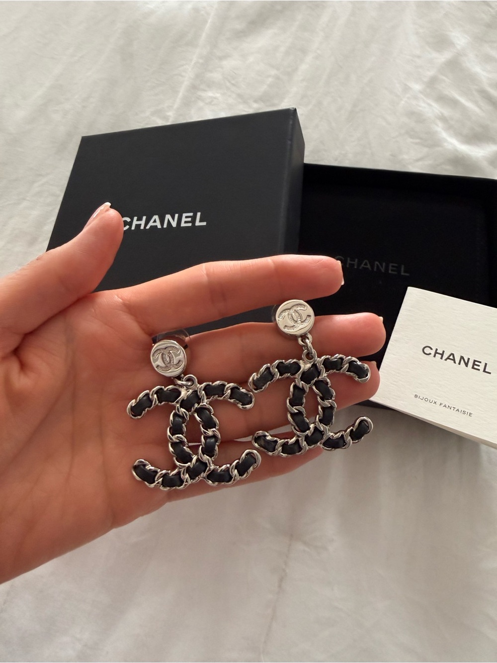 CHANEL Black & Silver Interlocking CC Chain Drop Earrings